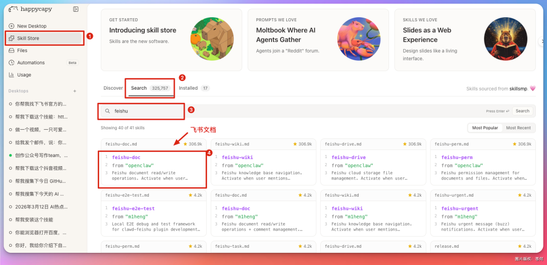 在Skill Store中搜索feishu相关技能的结果