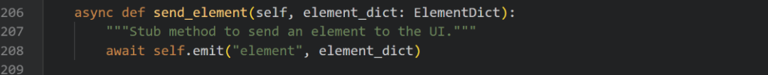 代码编辑器截图，显示 send_element 方法的实现，核心是调用 self.emit。
