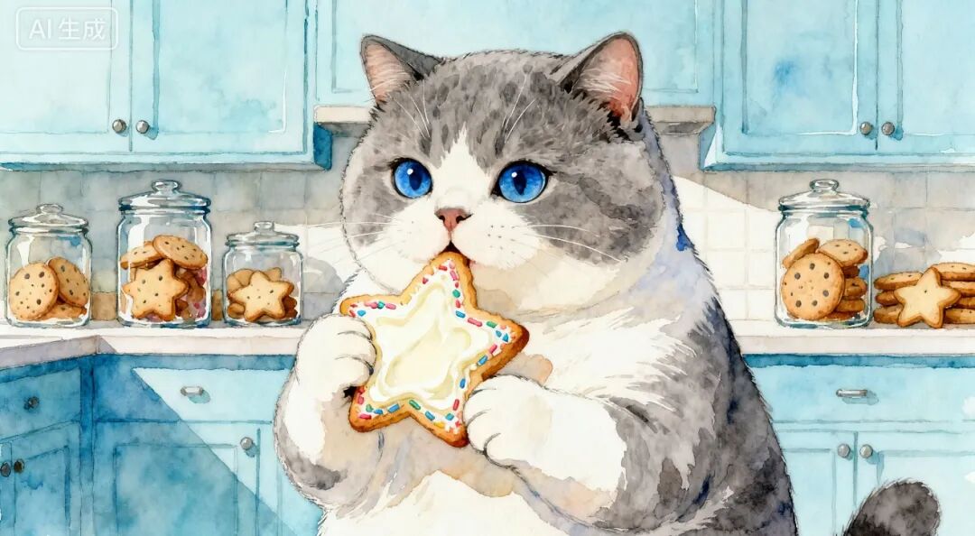 基于简单Prompt生成的图片:猫吃饼干
