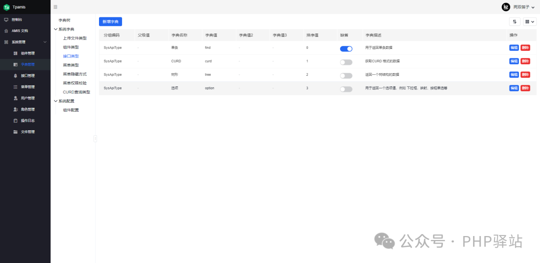 字典管理界面，展示分组与键值对配置