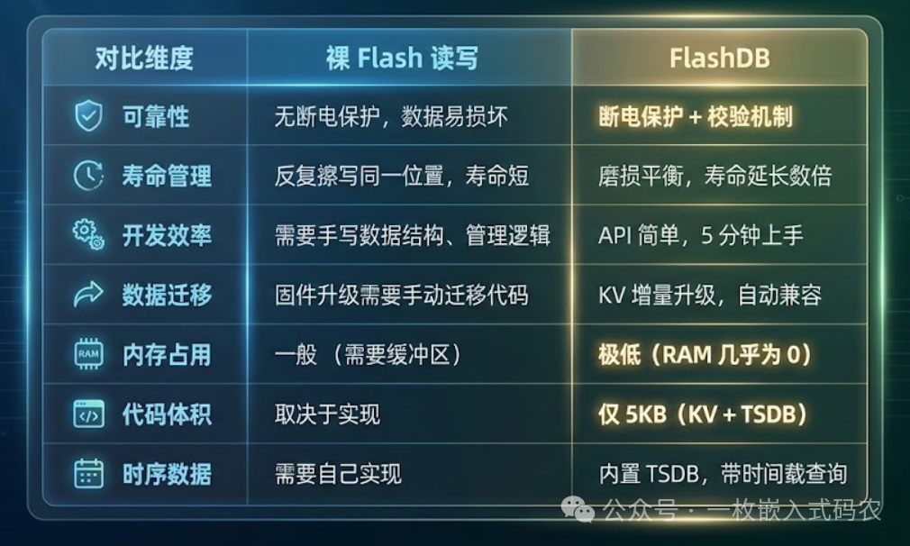 FlashDB与裸Flash读写核心特性对比表