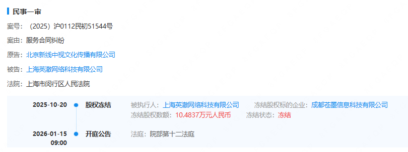 北京新线中视诉英澈网络民事一审案件信息
