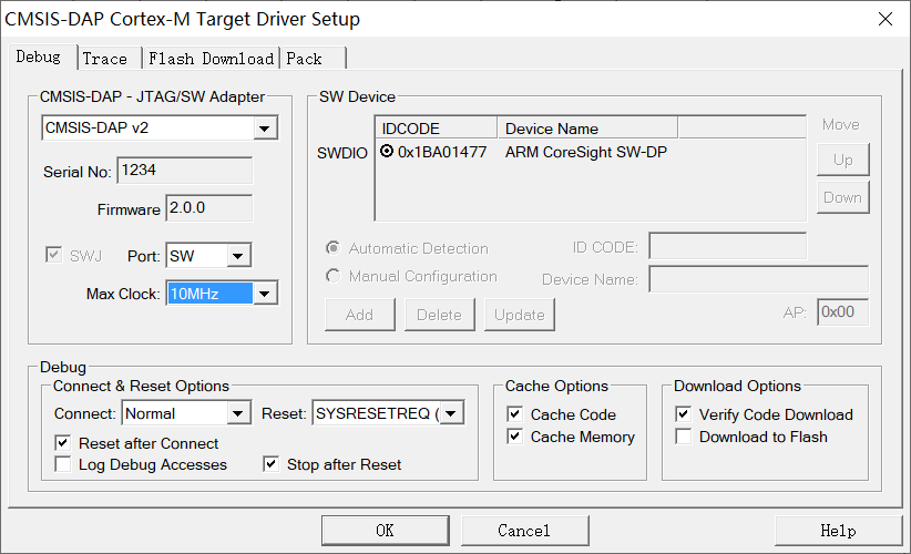 Keil MDK 中 CMSIS-DAP 调试器的配置界面