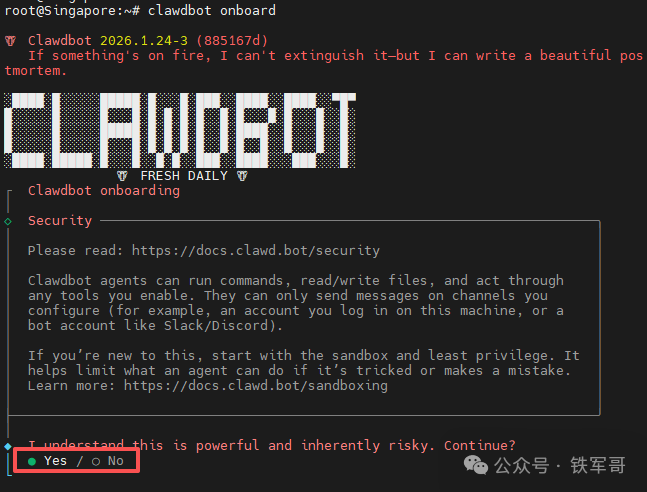 Clawdbot初始化安全确认界面