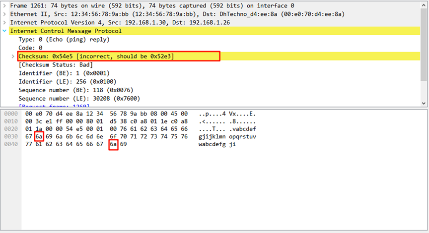ICMP Reply报文详情，显示Checksum错误和数据错误
