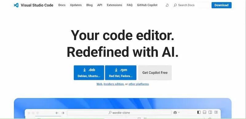 VS Code官网“由 AI 重定义”定位截图