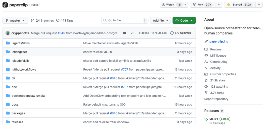 Paperclip 项目在 GitHub 的仓库页面