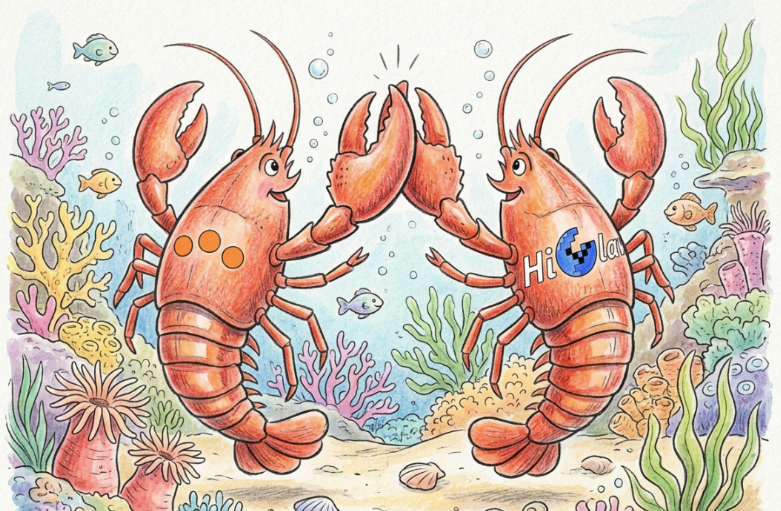 两只拟人化龙虾在珊瑚礁间击钳互动的水彩插画