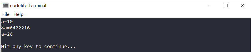 终端窗口显示a的初始值、地址及通过指针修改后的值