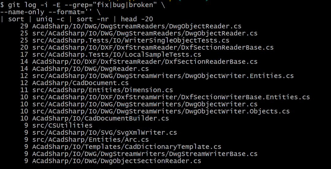 Git命令输出:与Bug修复相关的文件频率排名