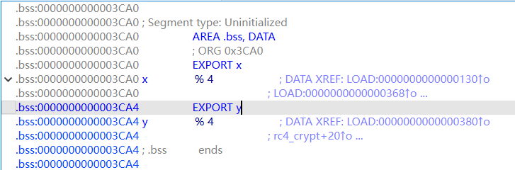 .bss段内存地址视图,高亮显示EXPORT x和EXPORT y