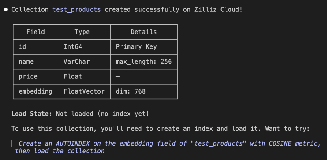 Zilliz Cloud 集合创建成功提示