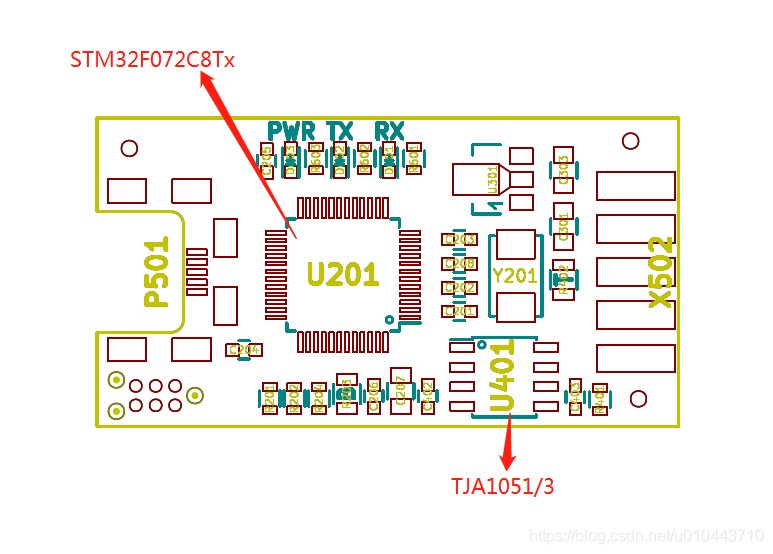 STM32F072C8Tx与TJA1051/3 CAN收发器电路原理图