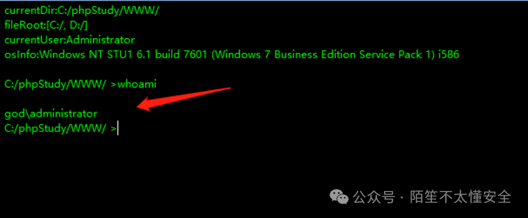 哥斯拉连接成功后执行whoami命令，返回god\administrator
