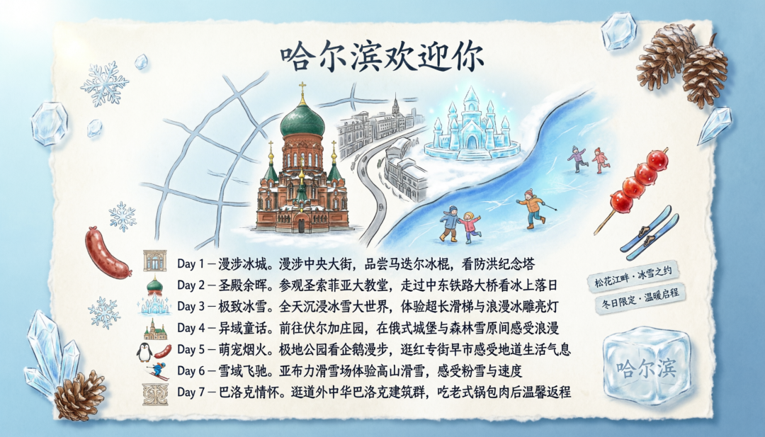 哈尔滨七天旅行手绘攻略海报