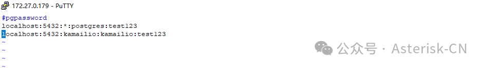 编辑pgpass配置文件，录入localhost:5432:kamailio:kamailio:test123