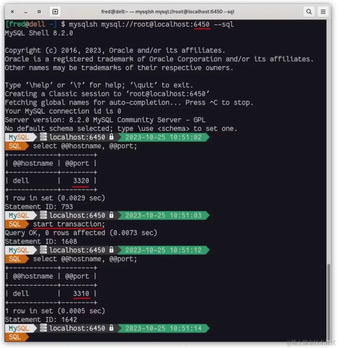 通过读写分离端口 6450 连接 MySQL 并执行查询