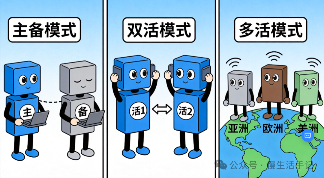 主备、双活、多活模式对比图