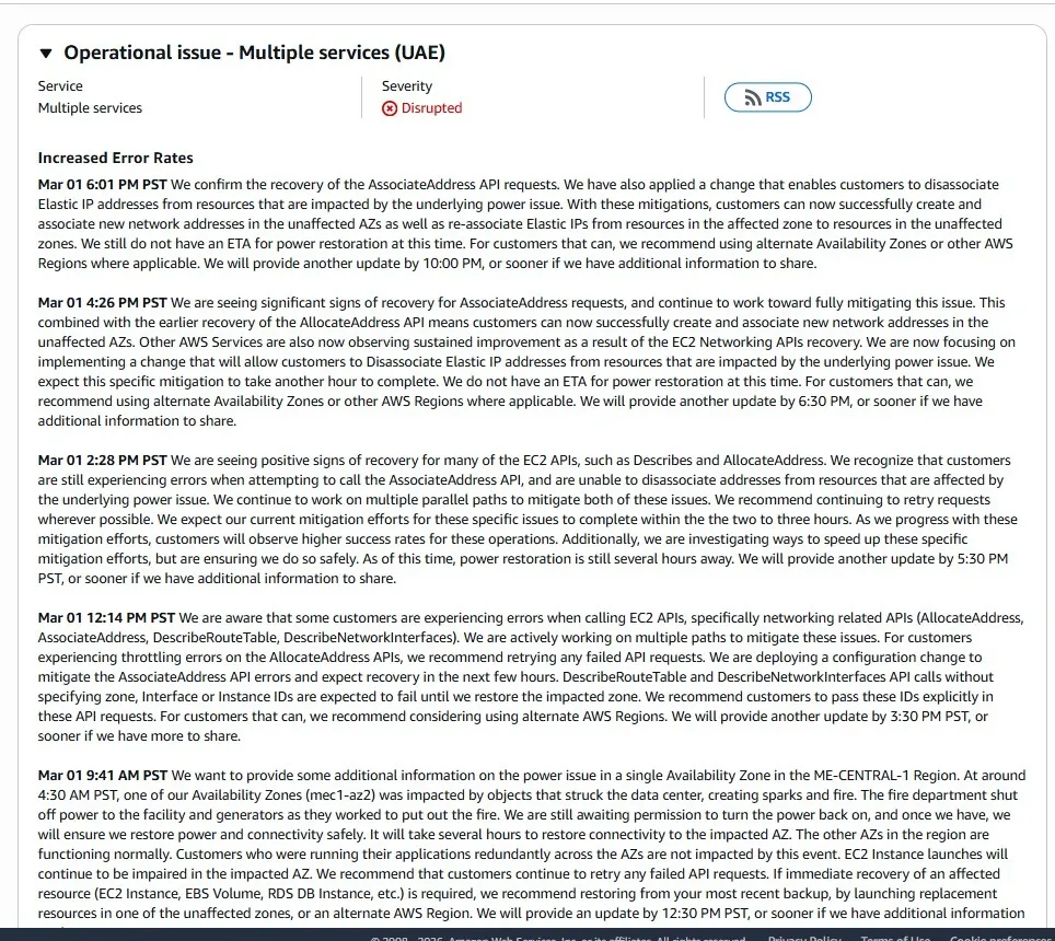 AWS官方状态页事故通告:阿联酋区域数据中心事故
