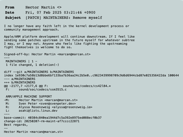 Hector Martin辞去维护者职务的邮件补丁截图