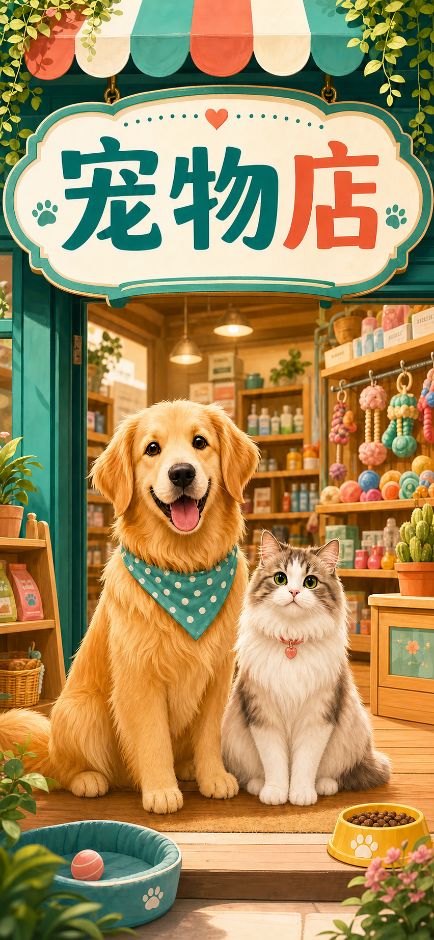 最终版宠物店海报,移除了兔子,仅保留金毛犬和猫咪坐在店门口,整体构图更简洁,宠物用品商店的氛围依然温馨