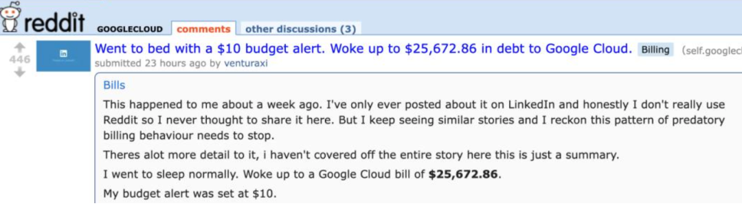 Reddit帖子截图，用户Bills讲述因Google Cloud账单突增至25672.86美元的经历，涉及预算警报设为10美元却被扣款等问题
