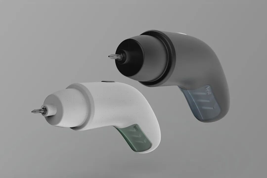 两张现代设计的电动螺丝刀，分别呈现白色和深灰色