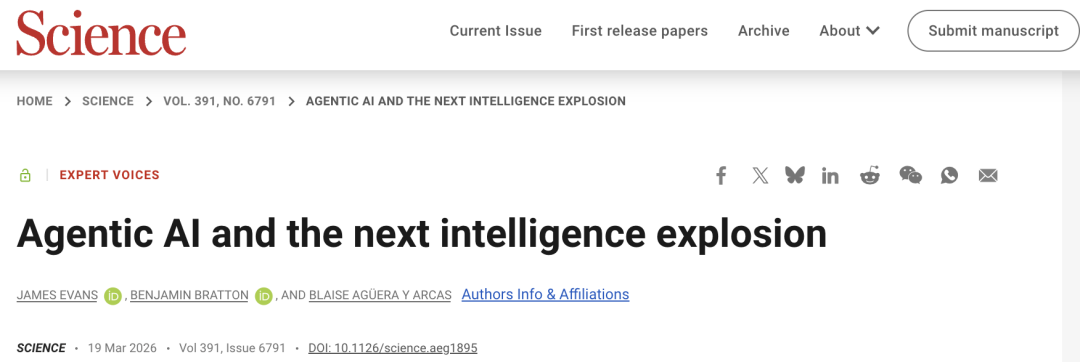 Science期刊网站页面截图，标题为‘Agentic AI and the next intelligence explosion’