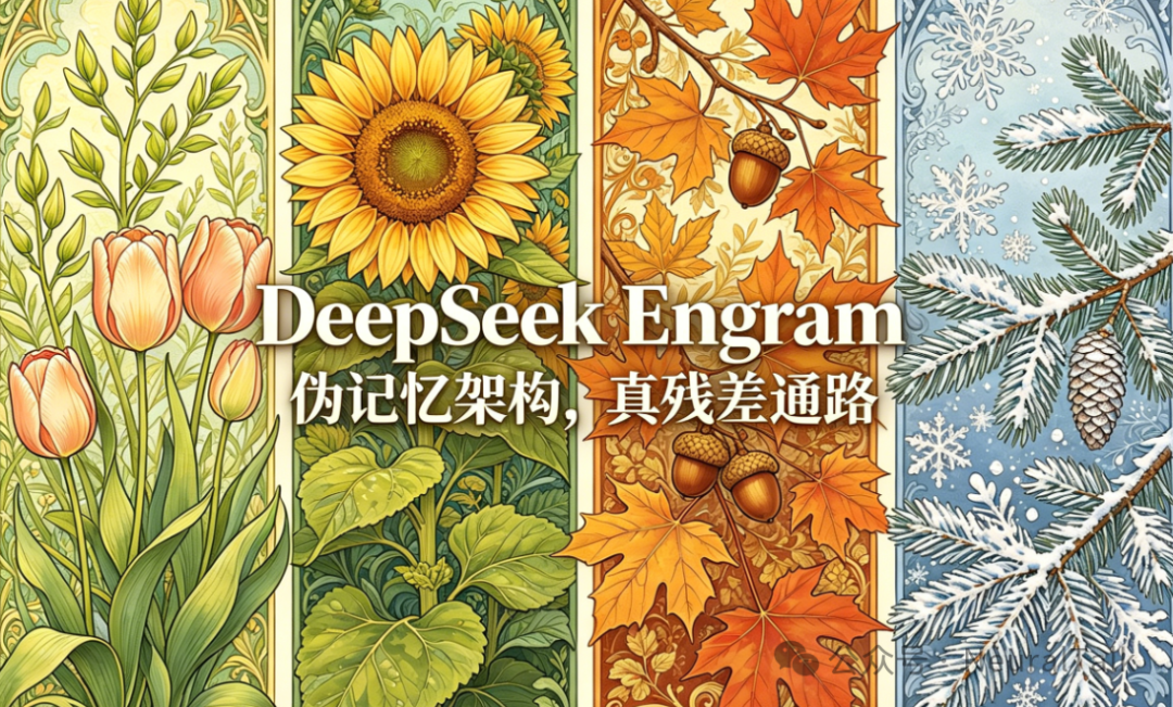 描绘四季景象的古典装饰插画，中央文字为“DeepSeek Engram 伪记忆架构，真残差通路”