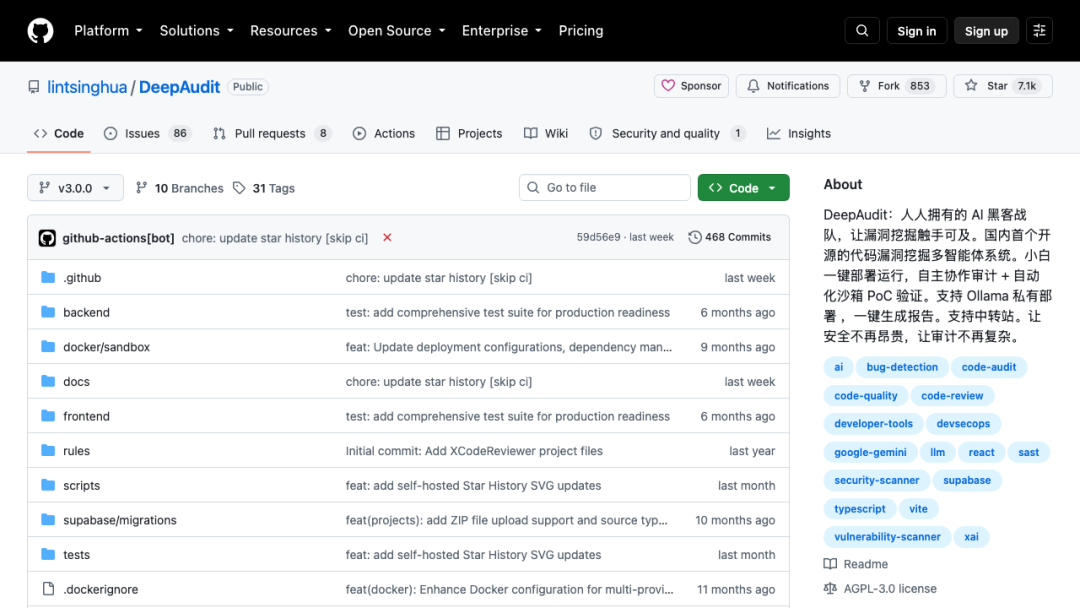 DeepAudit GitHub 仓库首页截图,显示项目简介与项目标签