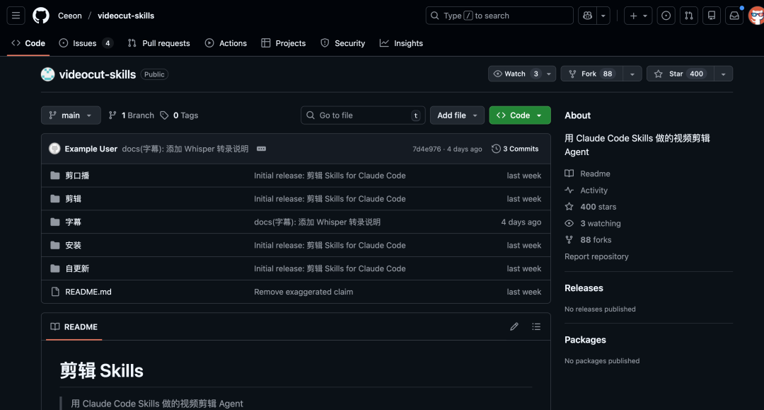 videocut-skills项目GitHub仓库页面
