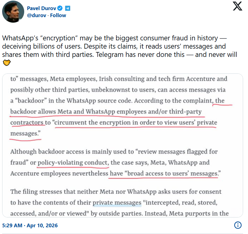 Pavel Durov批评WhatsApp加密机制的推文截图