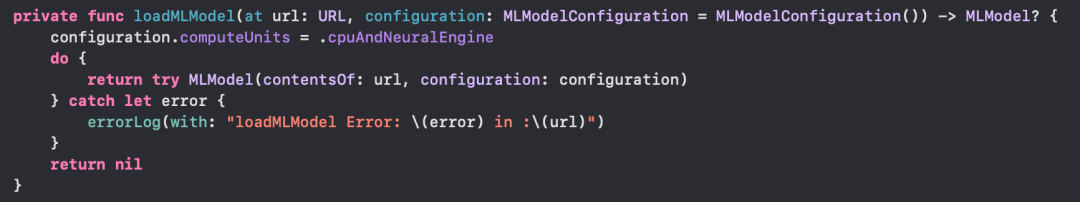 Swift代码示例：loadMLModel函数中指定computeUnits为.cpuAndNeuralEngine