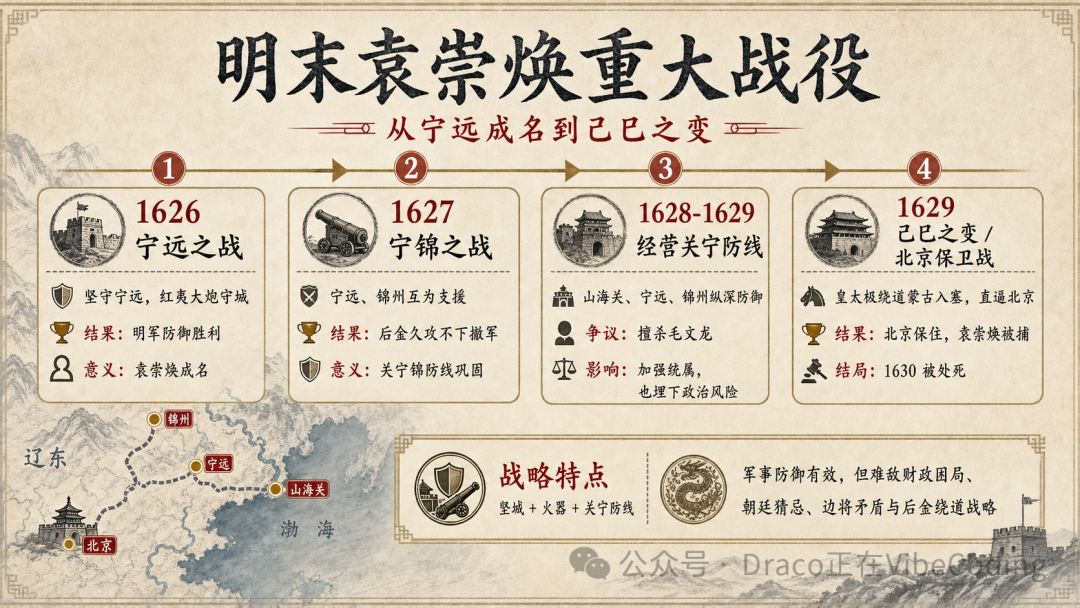 含有错误地理位置的袁崇焕战役信息图，点位标注严重失真