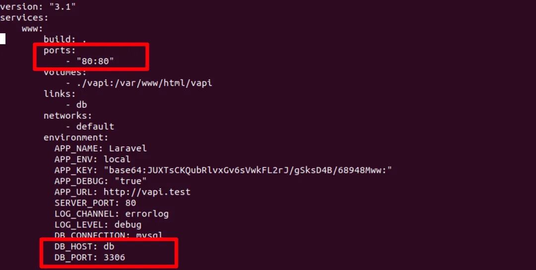 Docker Compose配置片段，高亮DB_HOST和DB_PORT环境变量