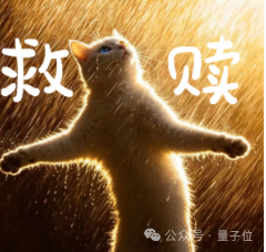 一只橙白相间的猫在雨中张开双臂，背景暖黄光线，配文“救”“赎”
