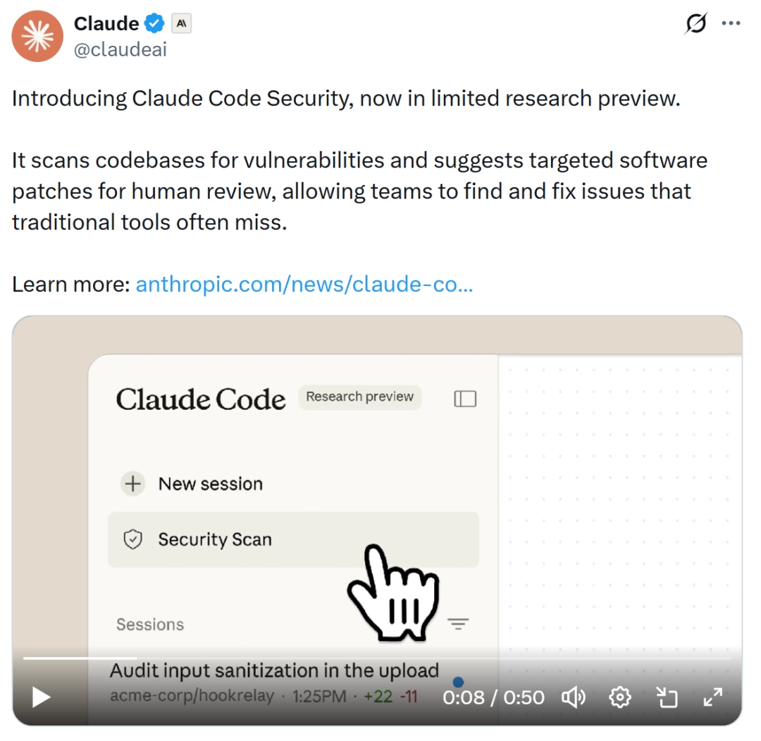 Claude 官方推文截图：发布Claude Code Security功能