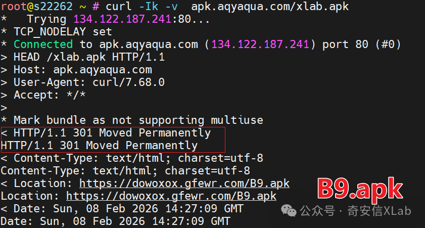 终端界面显示使用curl命令下载XLab.apk文件的过程，包含HTTP请求头、301重定向响应及最终下载链接
