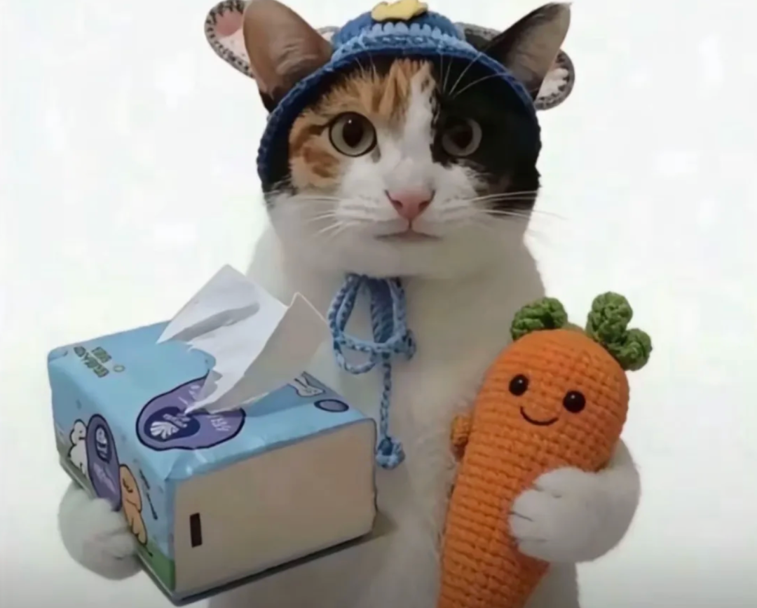 一只抱着胡萝卜玩偶的猫，表情若有所思