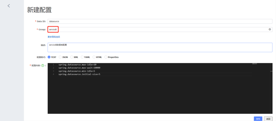 为 serviceB 组创建数据库配置