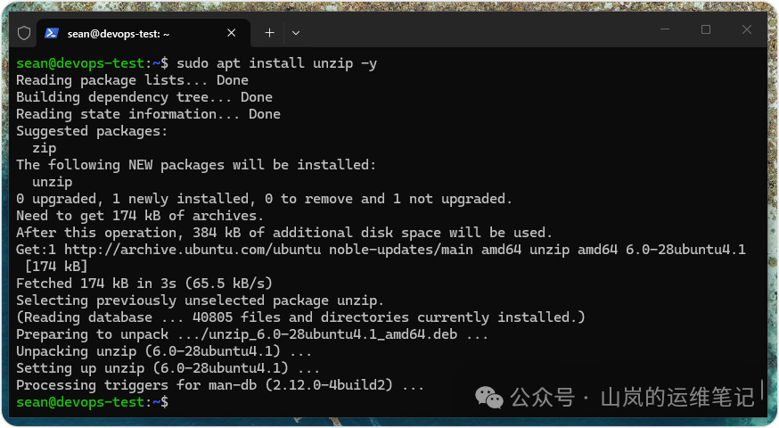 Ubuntu 系统执行 sudo apt install unzip 命令的安装过程