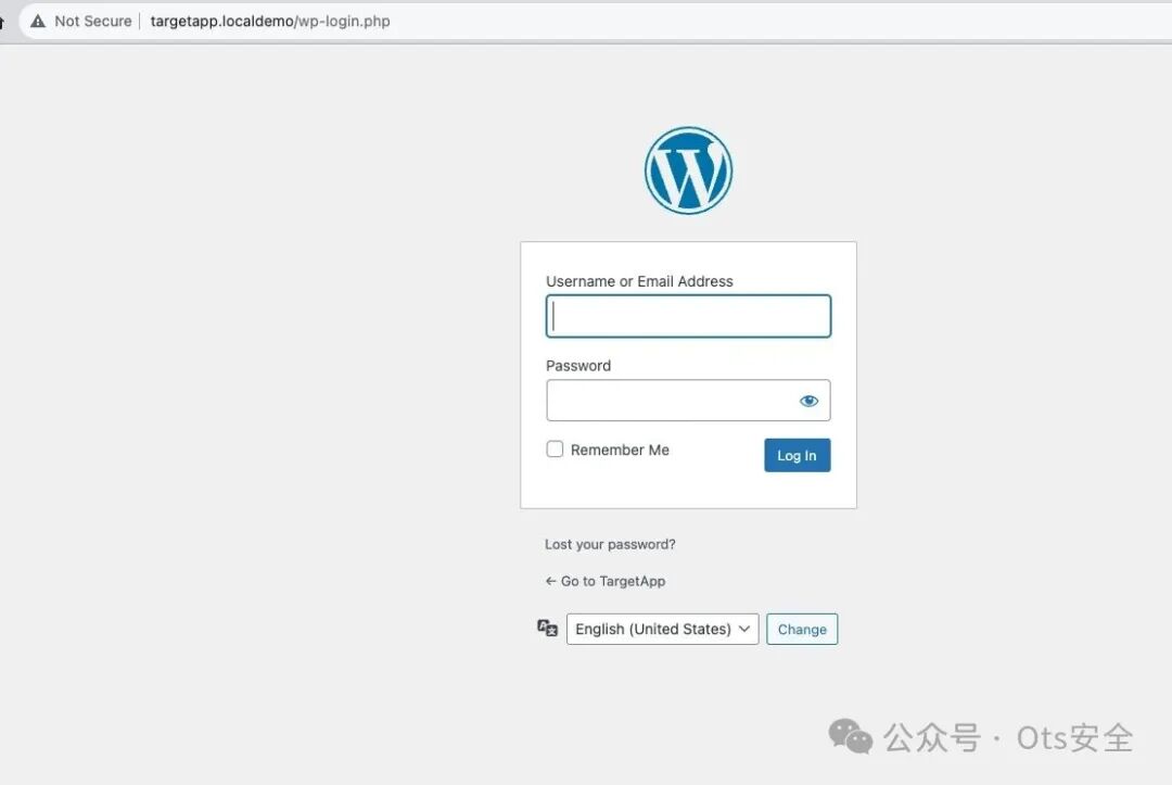 WordPress登录页面截图,上方地址栏显示为正常的wp-login.php链接。