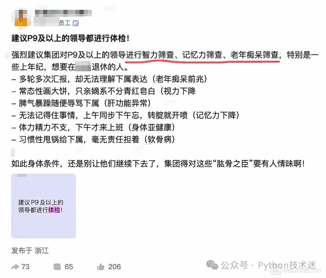 一张社交媒体帖子截图，内容为用户发布的关于建议P9及以上领导进行体检的评论，文字以黑色为主，部分关键语句加粗或下划线强调；下方有一个浅紫色矩形框，内含重复的建议文字；底部显示发布地为浙江，以及73次转发、65条评论、206个点赞的互动数据。
