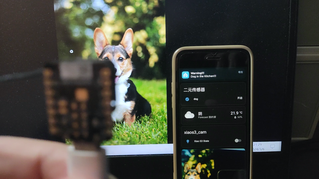 系统运行效果图：摄像头画面与手机App报警界面