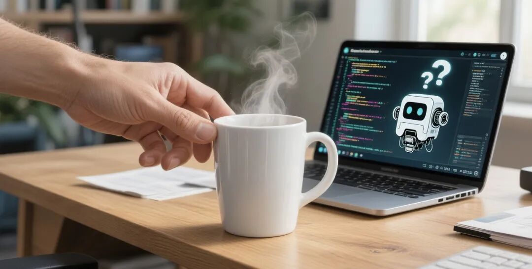 一只手握着冒热气的马克杯，背景是显示代码的笔记本电脑和困惑的机器人卡通形象