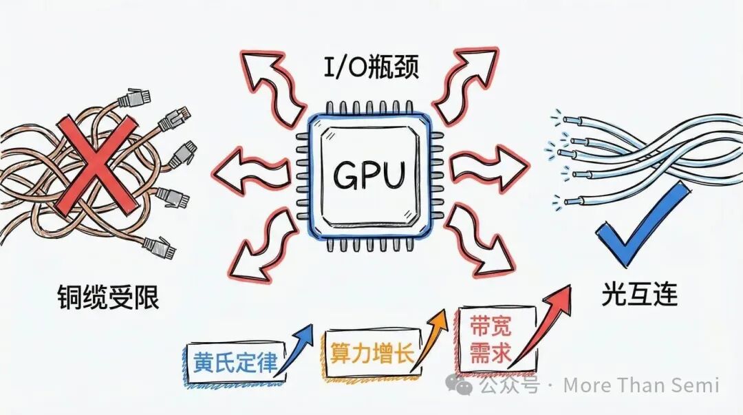 GPU I/O瓶颈与光铜互连对比示意图