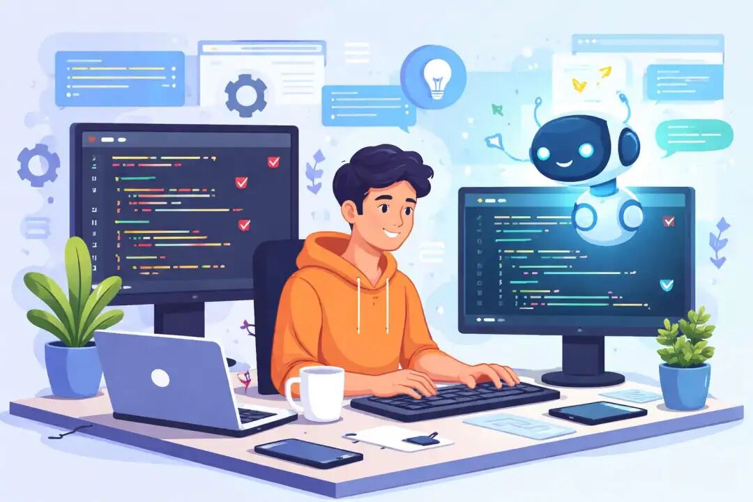 程序员在AI辅助下编写代码的科技插画