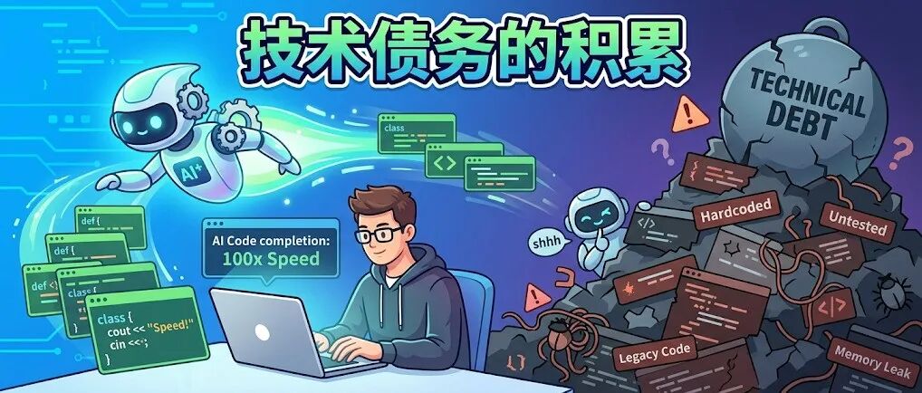 描述技术债务如何加速积累的插画：左侧程序员用AI快速生成代码，右侧堆积如山的技术债务石块